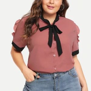 Plus Contrast Trim Tie Neck Shirt